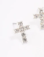 Silver Plated Diamante Cross Stud Earrings