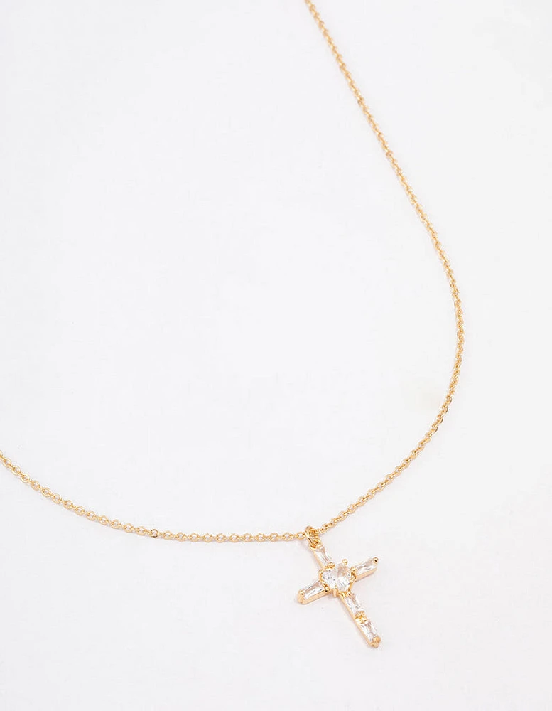 Gold Plated Cubic Zirconia Baguette Cross Short Necklace