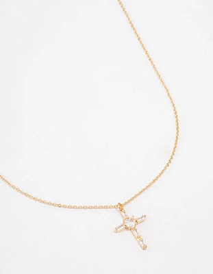 Gold Plated Cubic Zirconia Baguette Cross Short Necklace