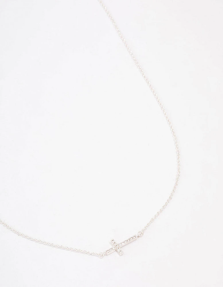 Silver Plated Diamante Cross Fine Pendant Necklace