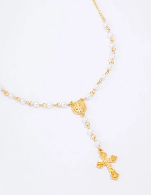 Gold Plated Pearl Cross Y-Shaped Pendant Necklace