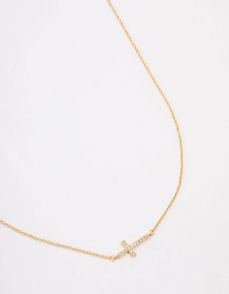 Gold Plated Diamante Cross Fine Pendant Necklace