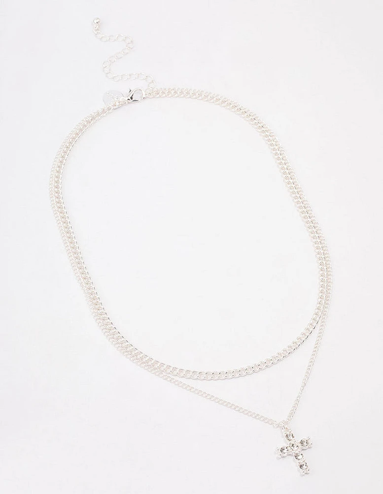 Silver Plated Diamante Cross Layered Curb Necklace