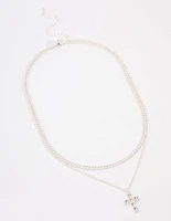 Silver Plated Diamante Cross Layered Curb Necklace