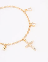 Gold Plated Cubic Zircona Cross Charm Bracelet