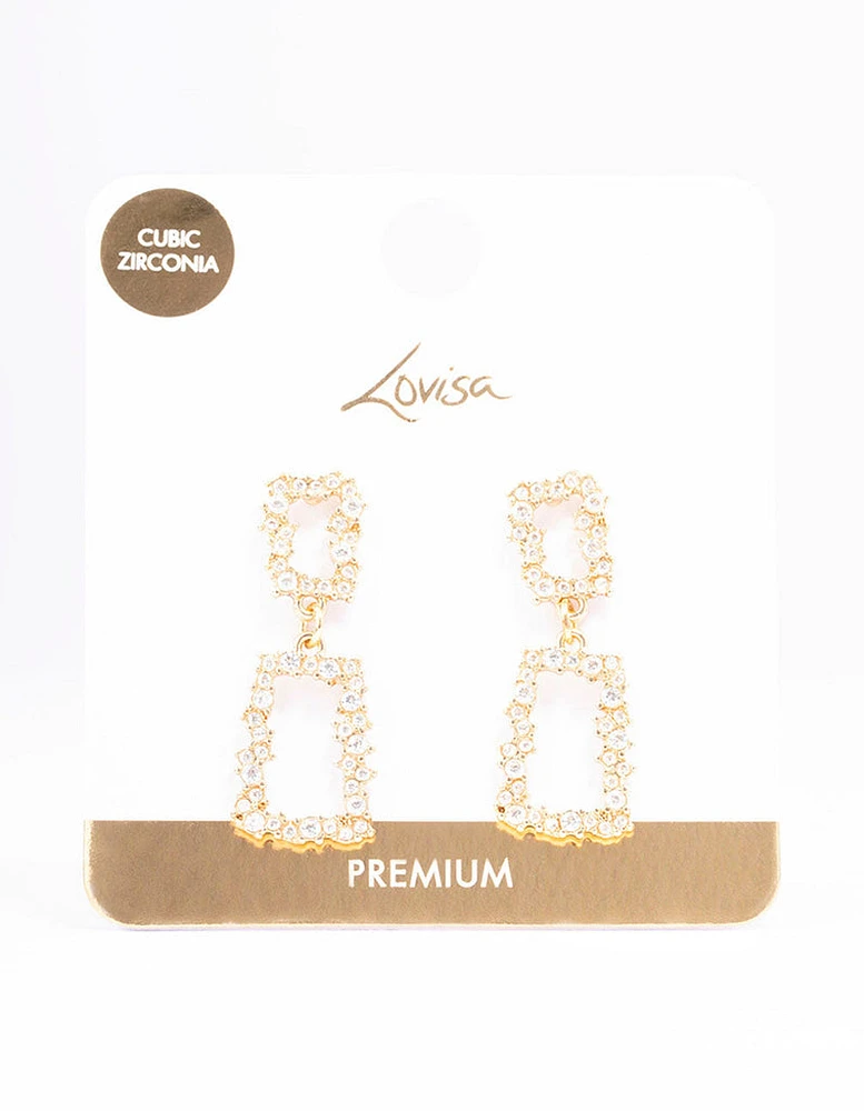 Gold Plated Rectangle Cubic Zirconia Cluster Drop Earrings