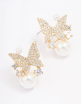 Gold Plated Pearl & Butterfly Cubic Zirconia Stud Earrings
