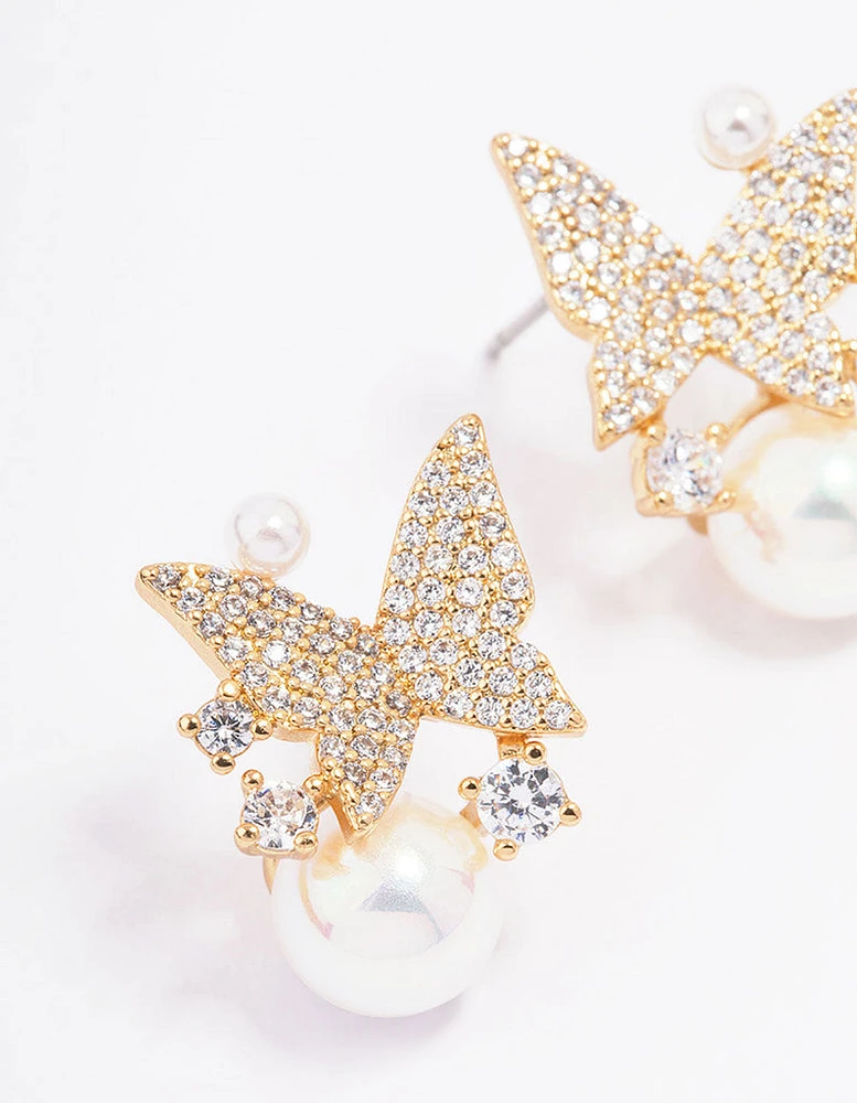 Gold Plated Pearl & Butterfly Cubic Zirconia Stud Earrings