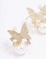 Gold Plated Pearl & Butterfly Cubic Zirconia Stud Earrings