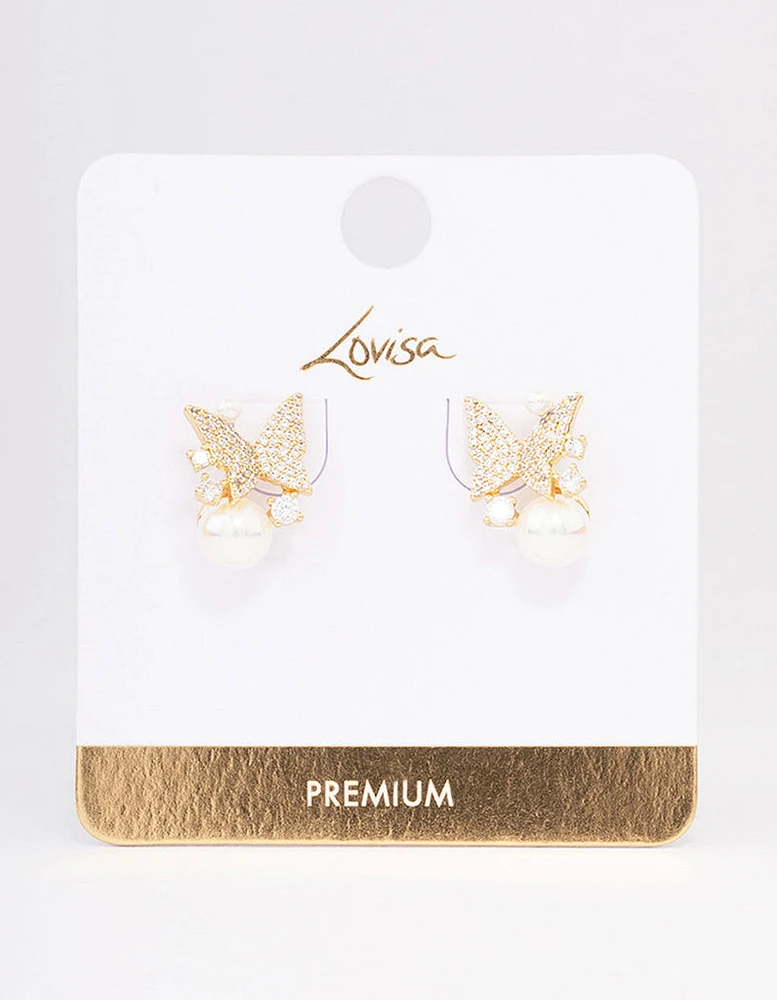 Gold Plated Pearl & Butterfly Cubic Zirconia Stud Earrings