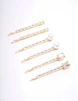 Gold Cubic Zirconia Baguette Pearl Hair Clip