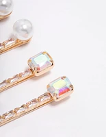 Gold Cubic Zirconia Baguette Pearl Hair Clip