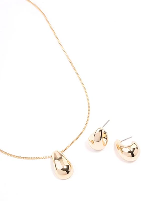 Gold Puffy Pear Earrings & Necklace Jewellery Set