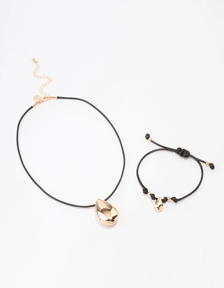 Gold Cord Teardrop Necklace & Bracelet Jewellery Set