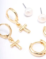 Gold Plated Cubic Zirconia & Freshwater Pearl Cross Earrings 4-Pack