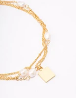 Gold Plated Layered Station Chain Freshwater Pearl Anklet
