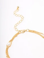 Gold Plated Layered Station Chain Freshwater Pearl Anklet
