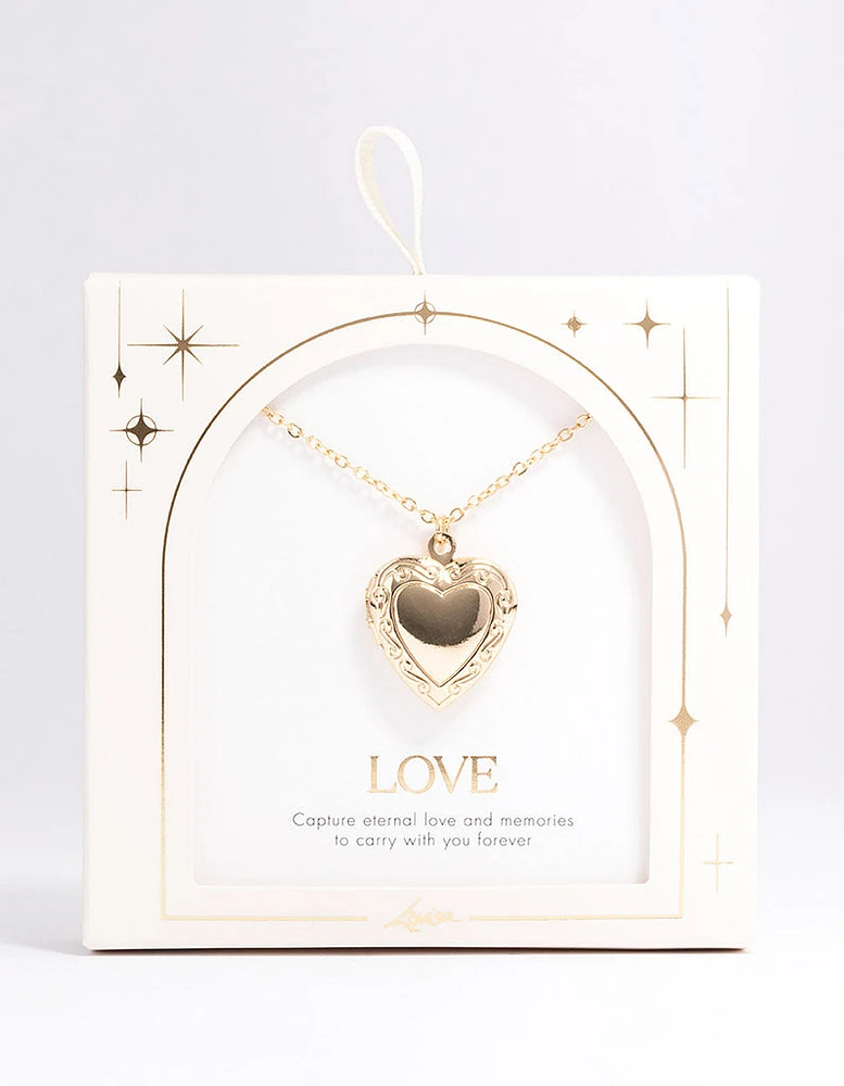 Gold Plated Detailed Heart Locket Pendant Necklace