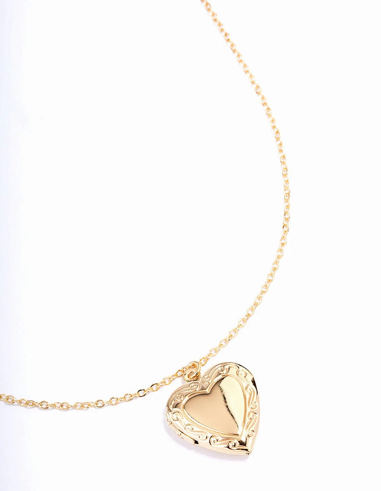 Gold Plated Detailed Heart Locket Pendant Necklace