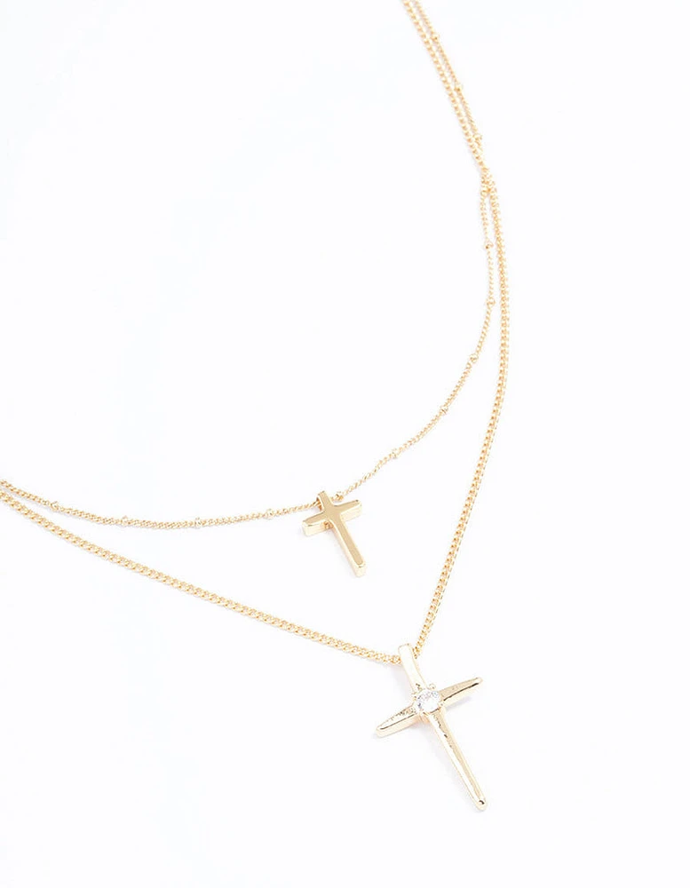 Gold Plated Layered Cross Necklace Pack