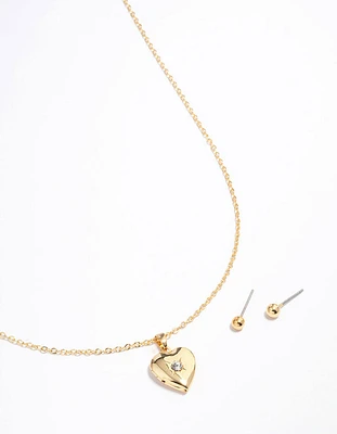 Gold Plated Heart Locket Necklace & Earrings Set