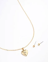 Gold Plated Heart Locket Necklace & Earrings Set