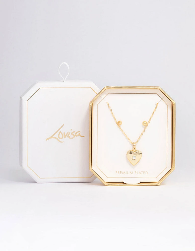 Gold Plated Heart Locket Necklace & Earrings Set