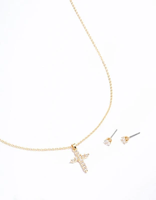 Gold Plated Cross Cubic Zirconia Necklace & Earrings Set