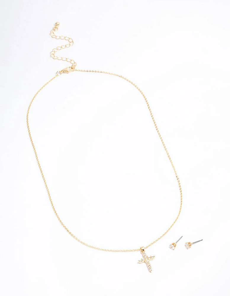 Gold Plated Cross Cubic Zirconia Necklace & Earrings Set