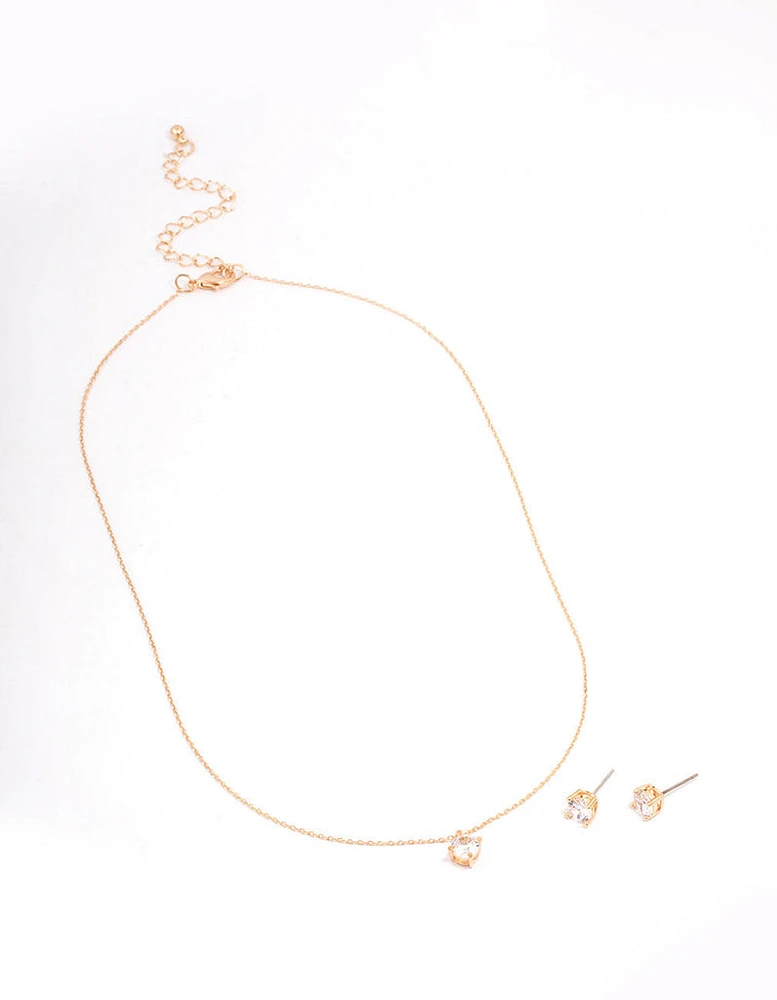 Gold Cubic Zirconia Round Earring & Necklace Set