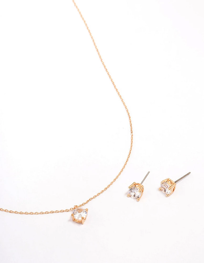 Gold Cubic Zirconia Round Earring & Necklace Set