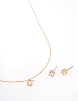 Gold Cubic Zirconia Round Earring & Necklace Set