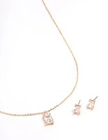 Gold Rectangle Cubic Zirconia Earring & Necklace Set