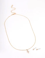 Gold Cubic Zirconia Cross Earring & Necklace Set