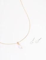 Gold Pearl Stud Earring & Necklace Set