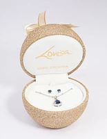 Rhodium Cubic Zirconia Sapphire Earring & Necklace Set