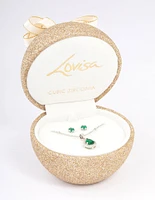 Rhodium Cubic Zirconia Emerald Earring & Necklace Set