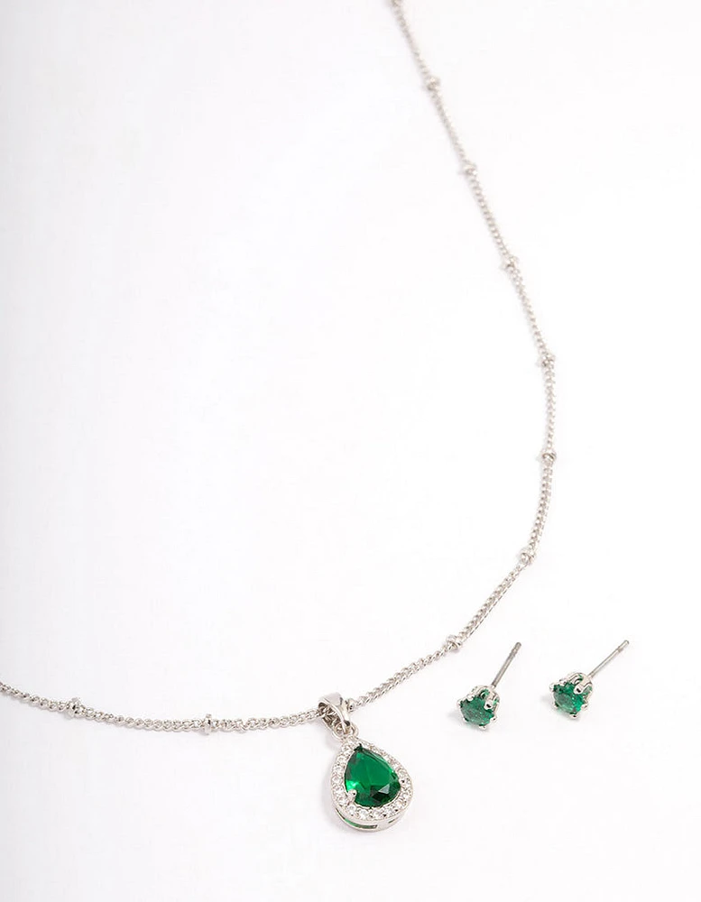 Rhodium Cubic Zirconia Emerald Earring & Necklace Set