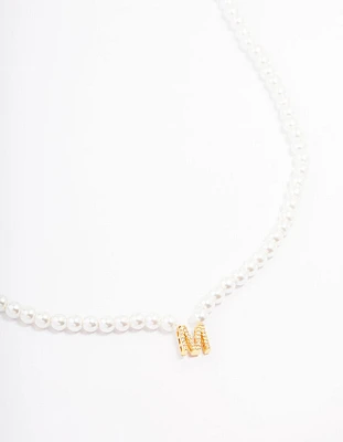 Gold Plated Letter Initial & Pearl Pendant Necklace
