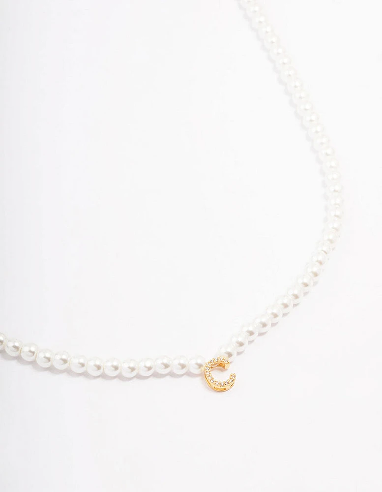 Gold Plated Letter C Initial & Pearl Pendant Necklace