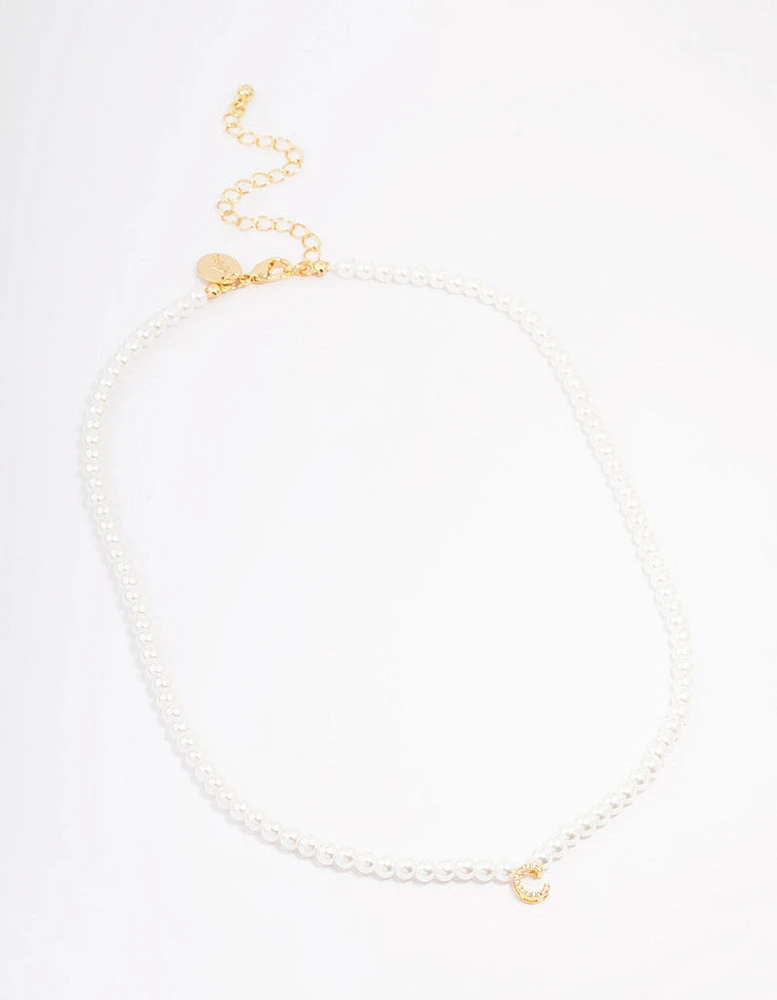 Gold Plated Letter C Initial & Pearl Pendant Necklace