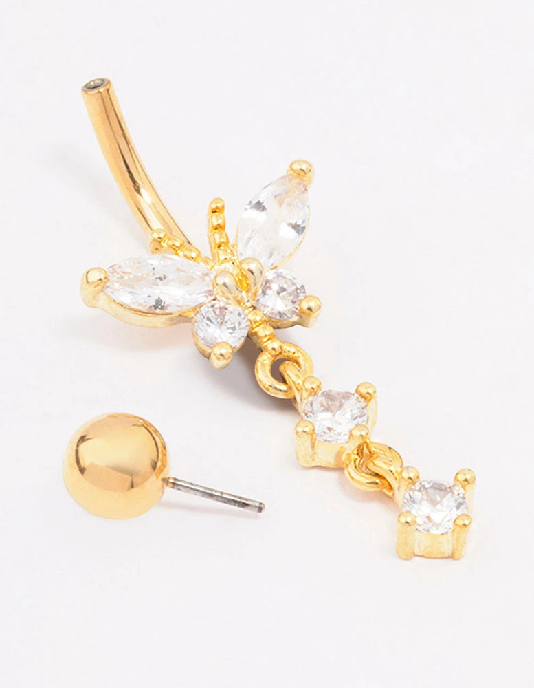 Gold Plated Surgical Steel Cubic Zirconia Butterfly Drop Belly Ring