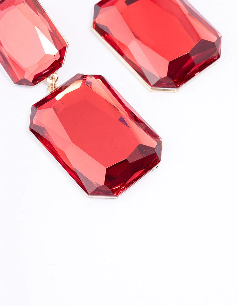 Red Statement Square Stone Drop Earrings