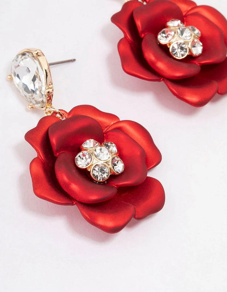 Red Iridescent Flower Stone Drop Earrings