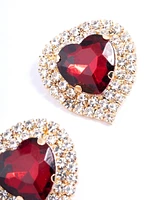 Red Diamante Heart Stone Stud Earrings