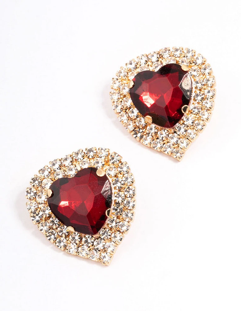 Red Diamante Heart Stone Stud Earrings