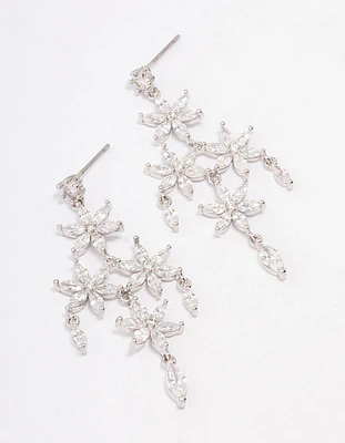 Rhodium Flower Chandelier Drop Earrings