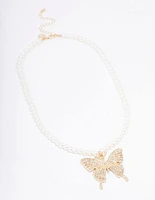 Gold Pearl & Butterfly Diamante Pendant Necklace