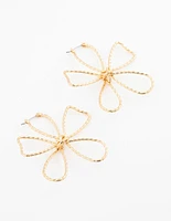 Gold Plated Textured Wire Flower Statement Earrings