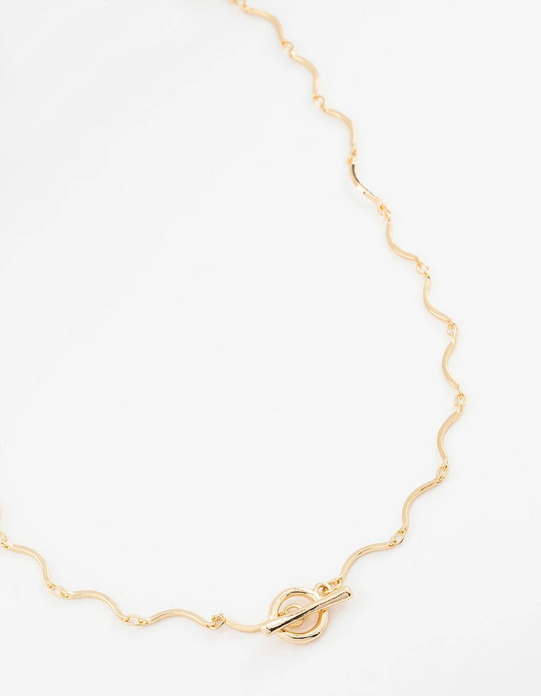 Gold Plated Wavy FOB Chain Necklace